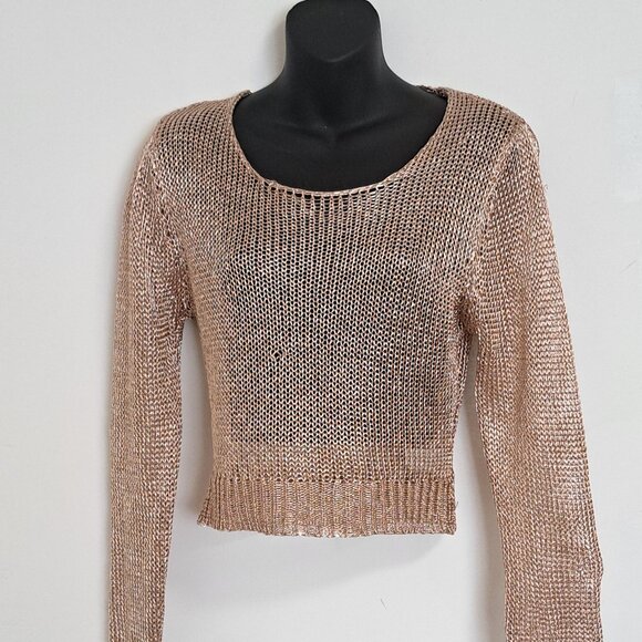 Windsor Metallic Bronze Gold Open Knit Cropped Long Sleeve Sweater Size Medium - Picture 1 of 8